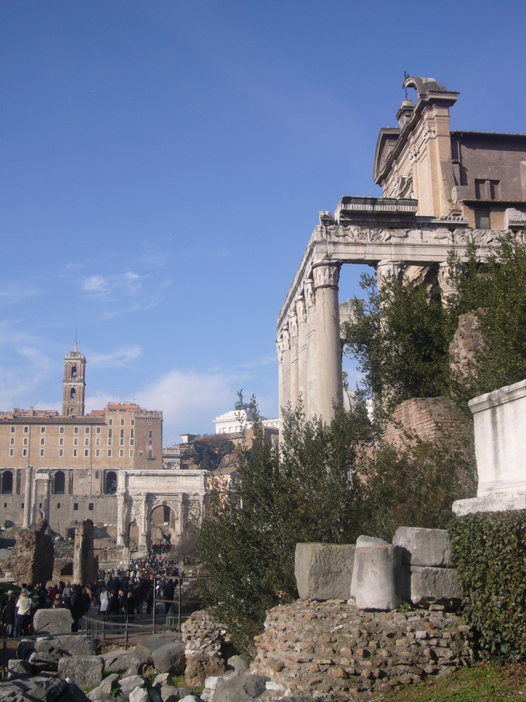 The Forum Romanum, with the Temple of Antoninus and Faustina, the Arch of Septimius Severus, the Temple of Vespasian and Titus, the Senatorial Palace and the Monument to Vittorio Emanuele II