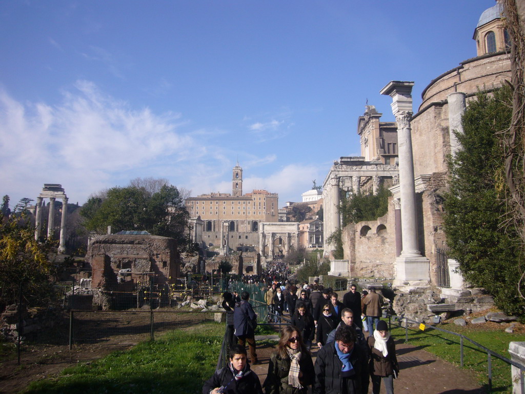 The Forum Romanum, with the Temple of Romulus, the Temple of Antoninus and Faustina, the Temple of Vesta, the Arch of Septimius Severus, the Temple of Saturn, the Temple of Vespasian and Titus, the Senatorial Palace and the Monument to Vittorio Emanuele II