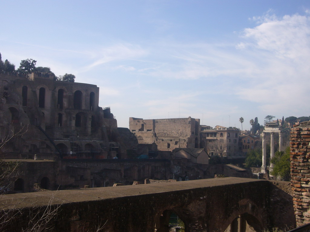 The Temple of Castor and Pollux, the Temple of Divis Augustus and the Palatine Hill, at the Forum Romanum