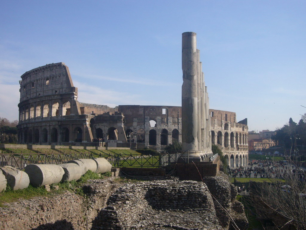 The Colosseum and pillars beside the Temple of Venus and Roma, at the Forum Romanum