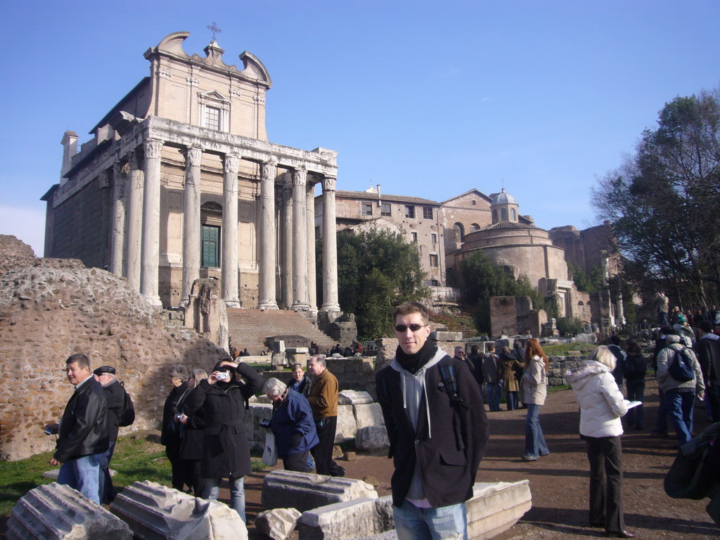 Tim at the Forum Romanum, with the Temple of Antoninus and Faustina and the Temple of Romulus