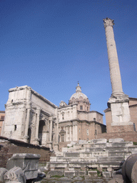 The Column of Phocas, the Arch of Septimius Severus, the Curia Julia and the Santi Luca e Martina church, at the Forum Romanum