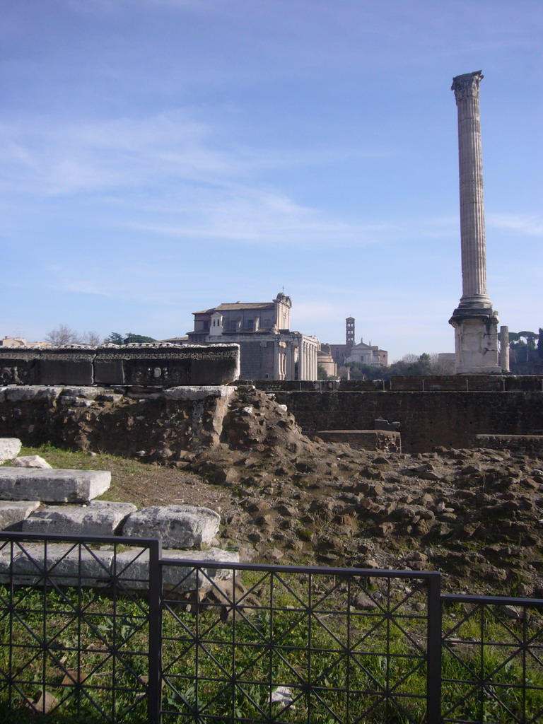 The Column of Phocas, the Temple of Antoninus and Faustina, the Temple of Romulus and the Santa Francesca Romana church, at the Forum Romanum