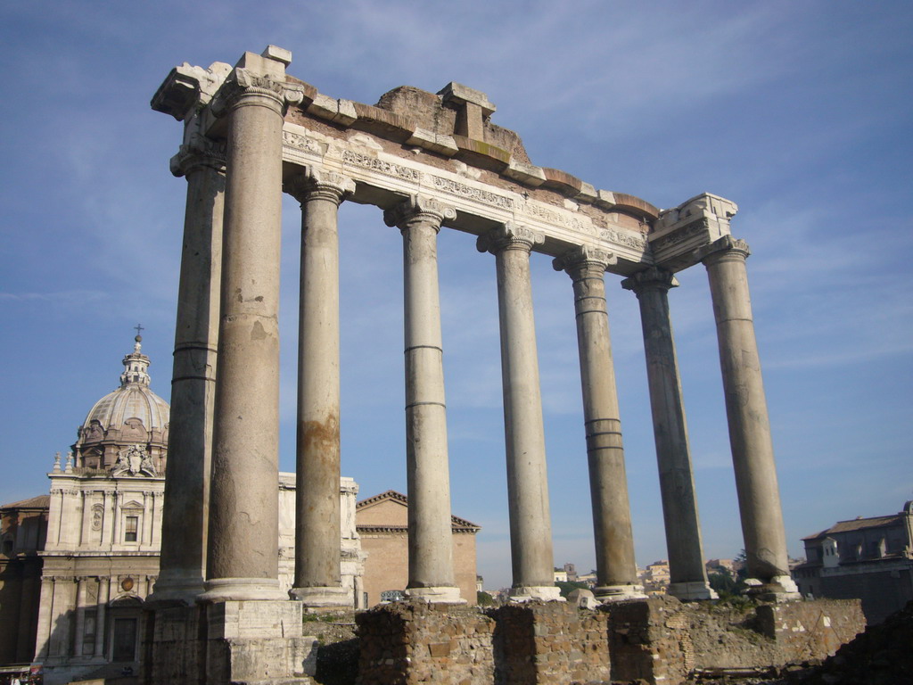 The Temple of Saturn, the Santi Luca e Martina church and the Curia Julia, at the Forum Romanum