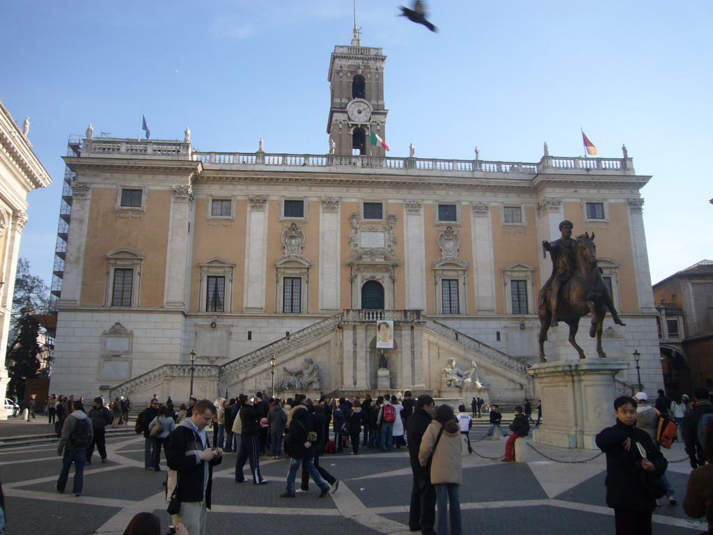 The Senatorial Palace and the equestrian statue of Marcus Aurelius, at the Piazza del Campidoglio square at the Capitoline Hill