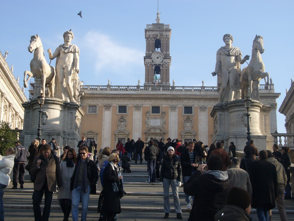 The Cordonata stairs to the Piazza del Campidoglio square at the Capitoline Hill, with the statues of Castor and Pollux and the Senatorial Palace