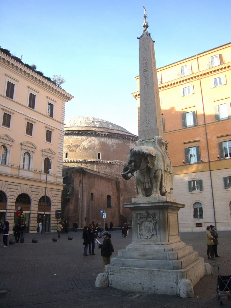 The Piazza della Minerva with the obelisk `Il pulcin della Minerva` by Bernini, and the back side of the Pantheon