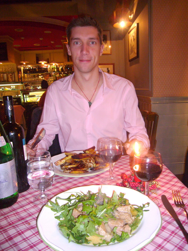 Tim having dinner in the restaurant `That`s Amore`