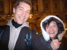 Tim and Miaomiao in front of the Trevi Fountain, by night