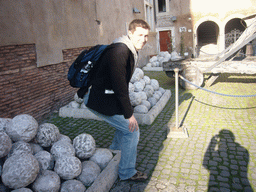 Tim with stone catapult rocks at the Courtyard of the Castel Sant`Angelo