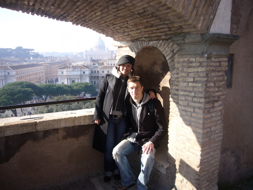 Tim and Miaomiao with a view from the Castel Sant`Angelo on the Via della Conciliazione street and St. Peter`s Basilica