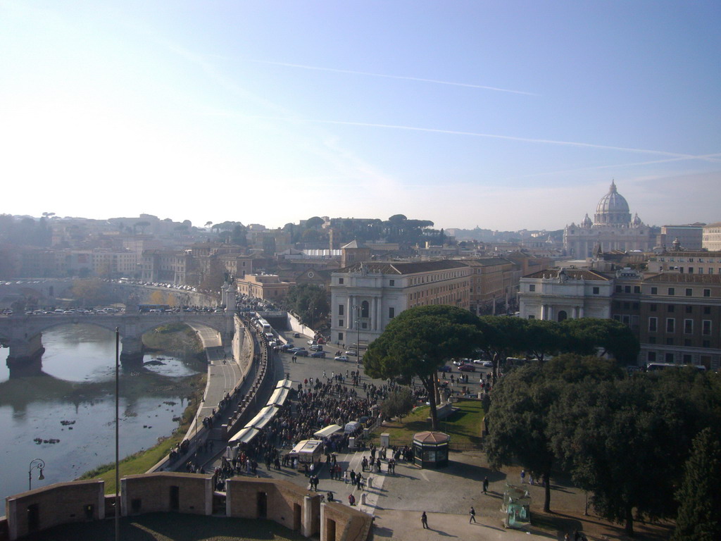 View from the Castel Sant`Angelo on the Ponte Principe Amedeo Savoia Aosta bridge, the Tiber river, the Via della Conciliazione street and St. Peter`s Basilica