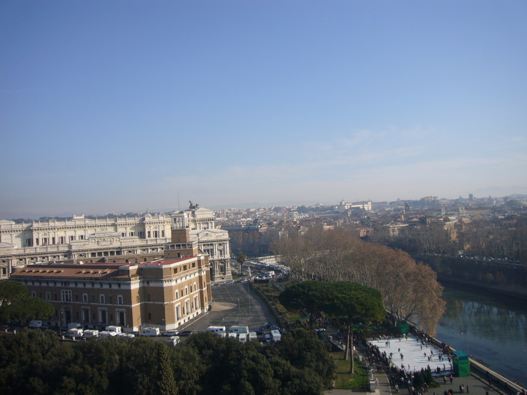 View from the Castel Sant`Angelo on the Casa Madre dei Mutilati, the Supreme Court of Cassation, an ice track and the Tiber river