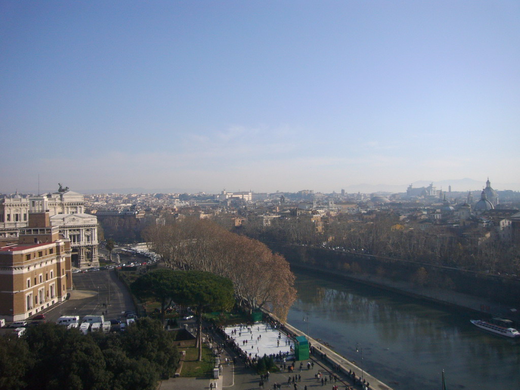 View from the Castel Sant`Angelo on the Casa Madre dei Mutilati, the Supreme Court of Cassation, an ice track and the Tiber river