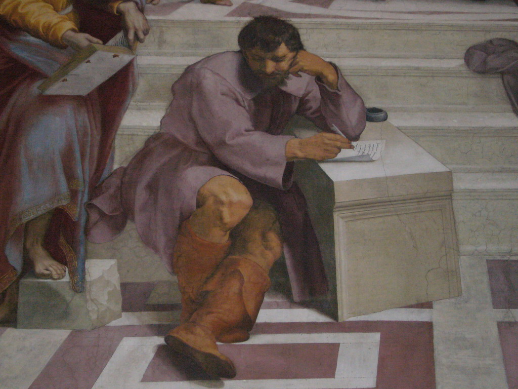 Fragment of the fresco `The School of Athens` in the Raphael Rooms at the Vatican Museums