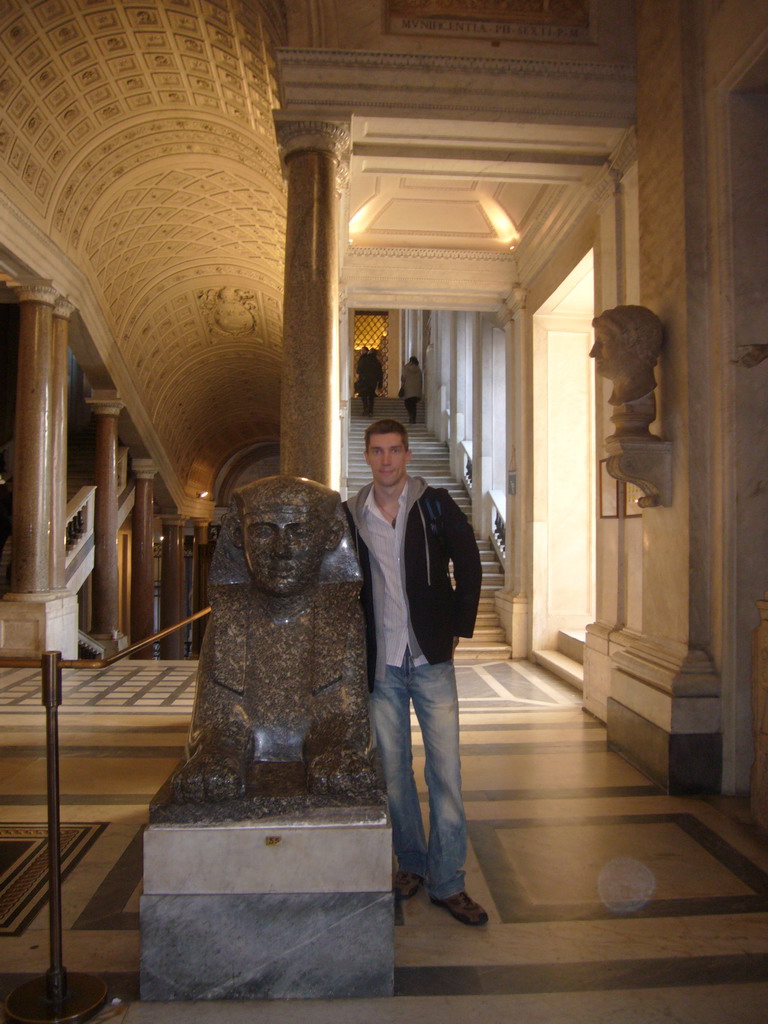 Tim with an Egyptian Sphinx in the main hall of the Museo Pio-Clementino at the Vatican Museums