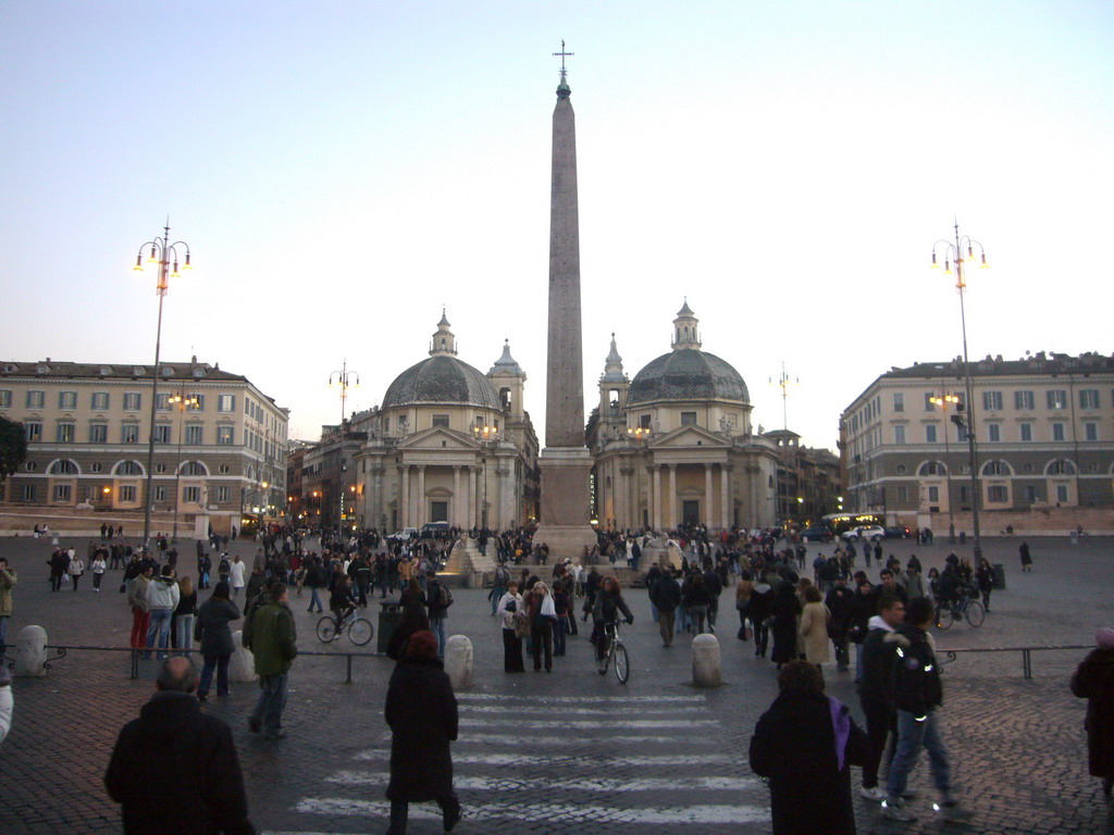 The Piazza del Popolo, with the Egyptian Obelisk of Rameses II, the Santa Maria dei Miracoli church and the Santa Maria di Montesanto church