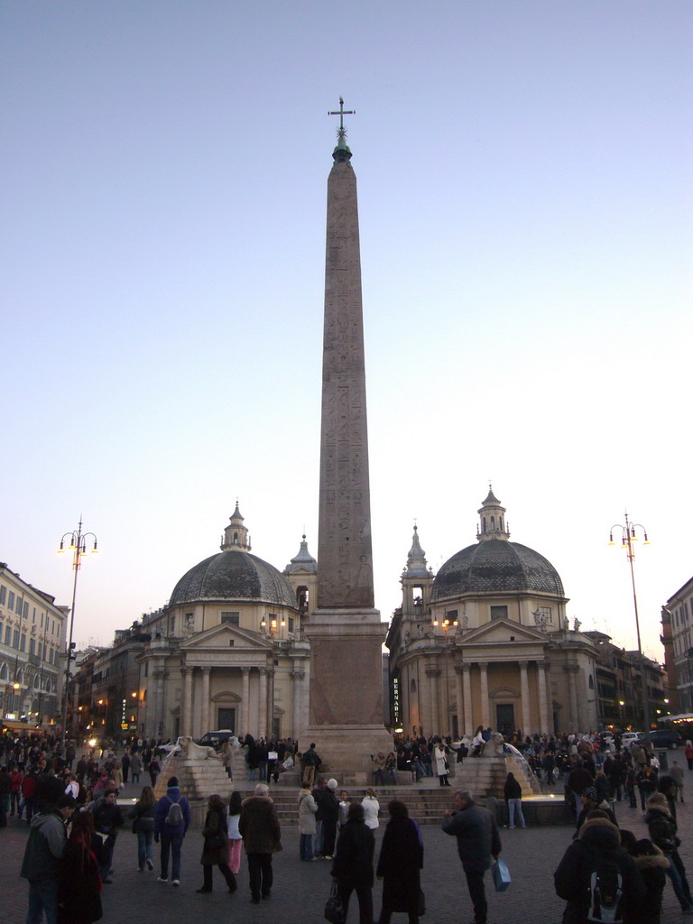 The Piazza del Popolo, with the Egyptian Obelisk of Rameses II, the Santa Maria dei Miracoli church and the Santa Maria di Montesanto church