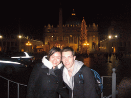 Tim and Miaomiao at Saint Peter`s Square, with St. Peter`s Basilica, the Vatican Obelisk, a christmas tree and the Nativity of Jesus, at New Year`s Eve