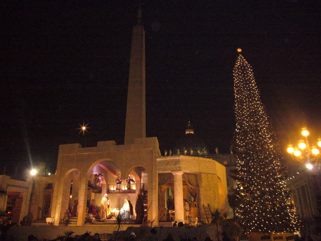Saint Peter`s Square, with St. Peter`s Basilica, the Vatican Obelisk, a christmas tree and the Nativity of Jesus, at New Year`s Eve
