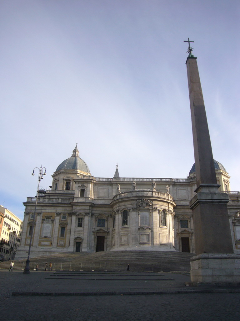 The back side of the Basilica di Santa Maria Maggiore church, the Esquiline Obelisk and the Piazza dell`Esquilino square
