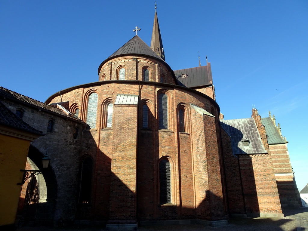 The Absalon Arch and the northeast side of the Roskilde Cathedral at the Domkirkestræde street