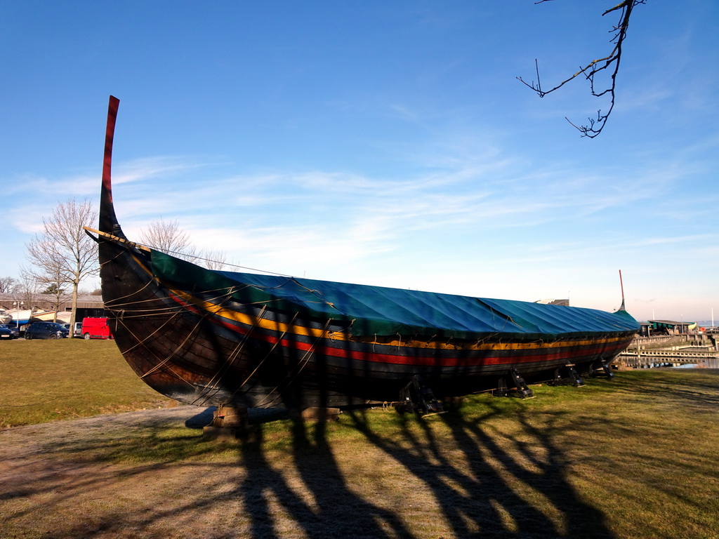 Viking ship in front of the Viking Ship Museum at the Sankt Clara Vej street