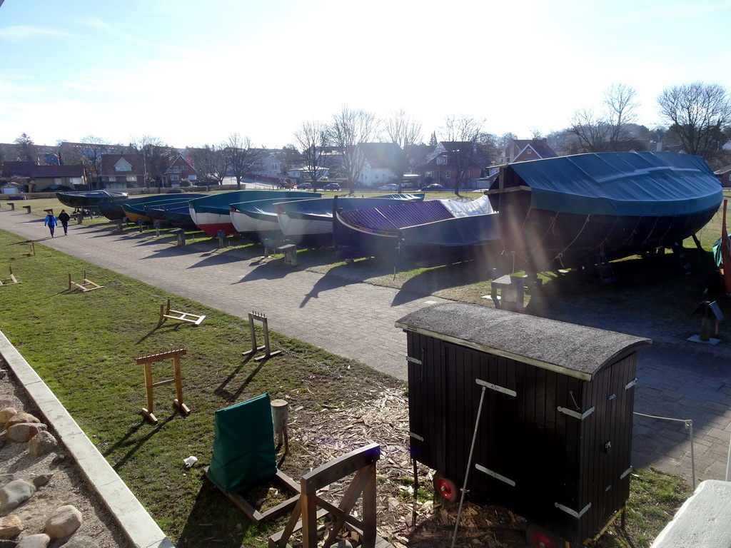 Viking ships in front of the Viking Ship Museum, viewed from the entrance