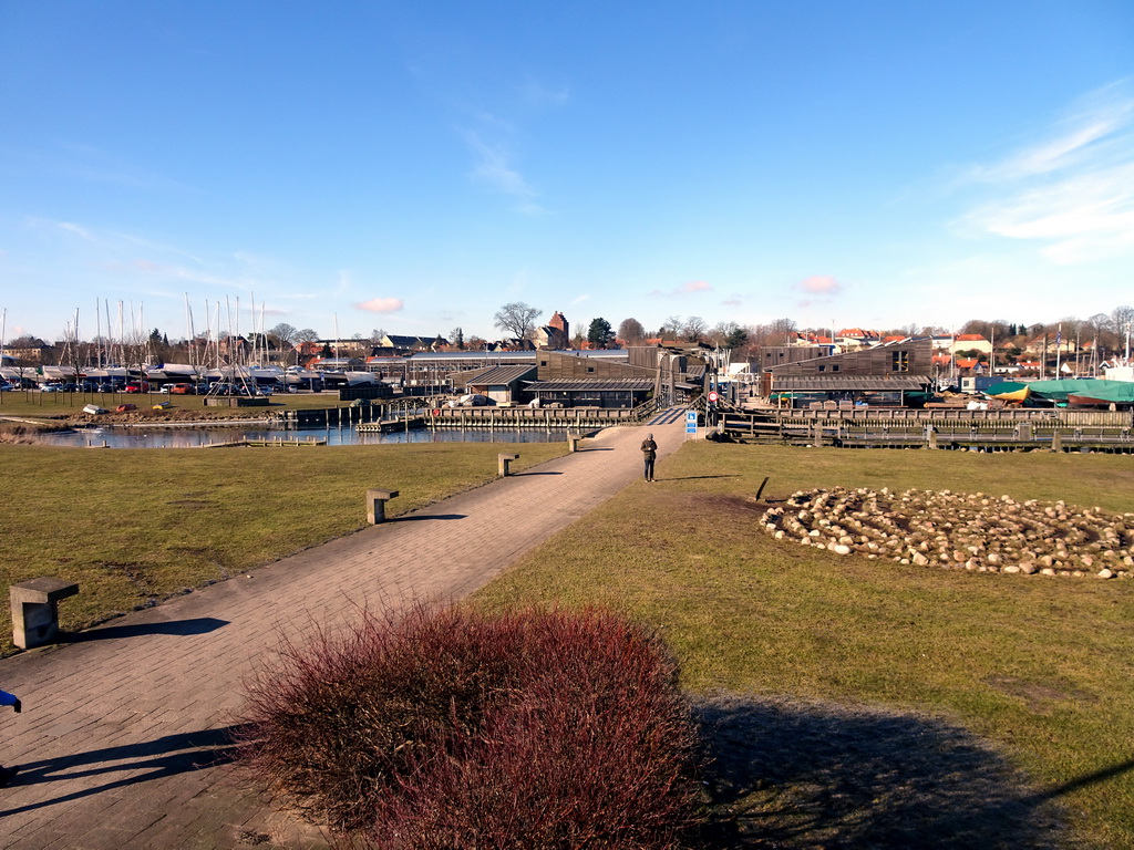 The Trojaborg labyrinth, the Museum Harbour and the Museum Island of the Viking Ship Museum, viewed from the entrance