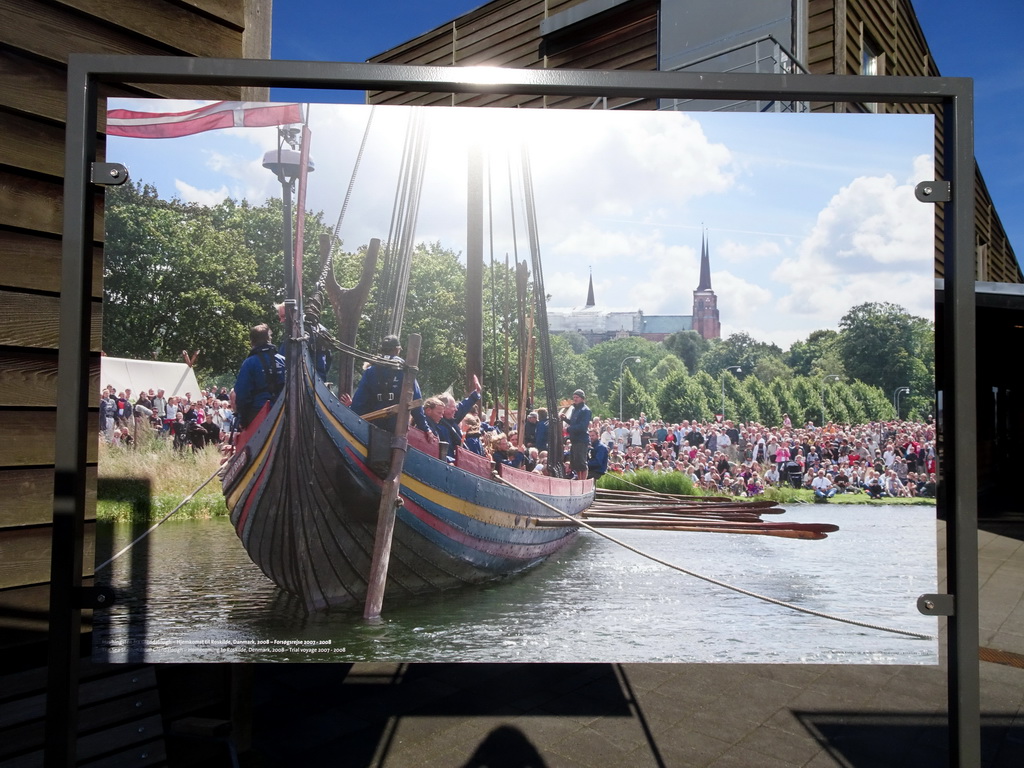 Photograph of the `Sea Stallion of Glendalough` viking ship returning from Glendalough in 2008, at the Boat Trip Meeting Point at the Museum Island of the Viking Ship Museum