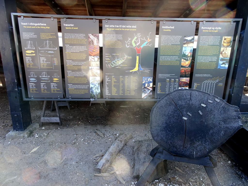 The wood used in the viking ships, at the Boatyard at the Museum Island of the Viking Ship Museum, with explanation