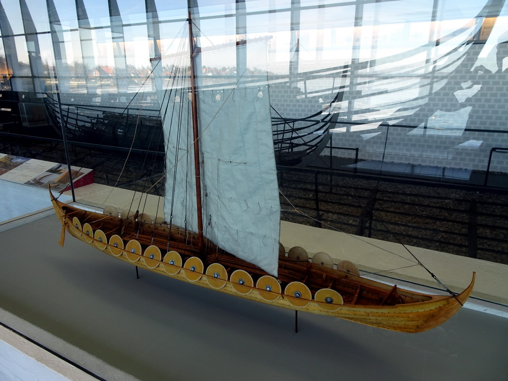 Scale model of the Skuldelev 5 viking ship at the Viking Ship Hall at the Middle Floor of the Viking Ship Museum