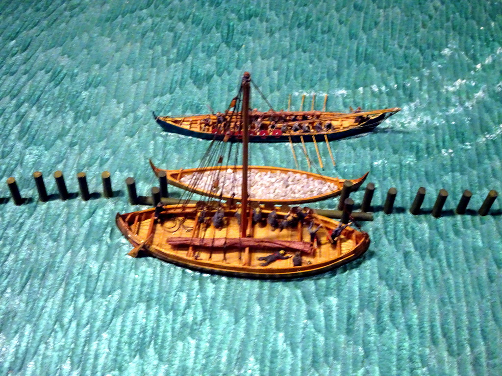 Scale models of viking ships at a reconstruction of an 11th century attack on the Roskilde Harbour, at the Middle Floor of the Viking Ship Museum
