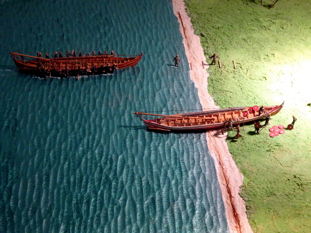 Scale models of viking ships at a reconstruction of an 11th century attack on the Roskilde Harbour, at the Middle Floor of the Viking Ship Museum