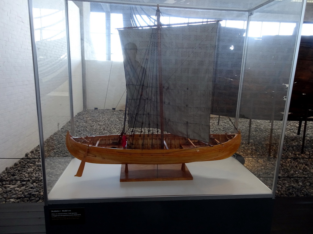 Scale model of the Skuldelev 1 viking ship at the Viking Ship Hall at the Middle Floor of the Viking Ship Museum, with explanation