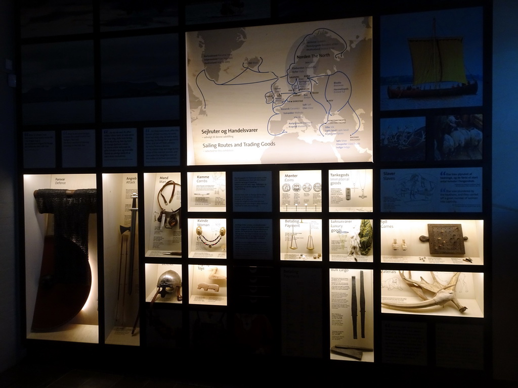 Items related to sailing routes and trading goods, at the Middle Floor of the Viking Ship Museum, with explanation