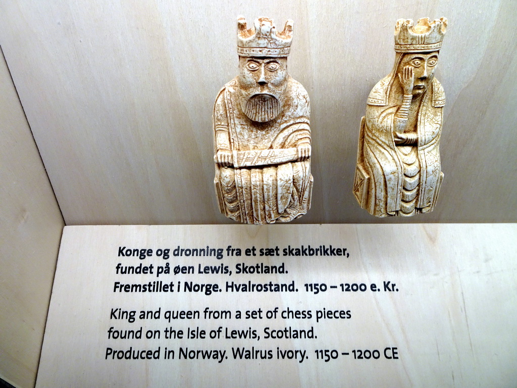 King and queen from a set of chess pieces found on the Isle of Lewis, Scotland, at the Middle Floor of the Viking Ship Museum, with explanation