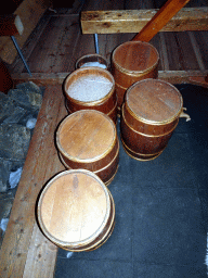 Barrels at a viking ship at the `Climb Aboard` exhibition at the Middle Floor of the Viking Ship Museum