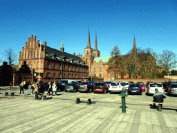 The Old City Hall, the Roskilde Cathedral and the garden of the Roskilde Palace, viewed from the Stændertorvet square