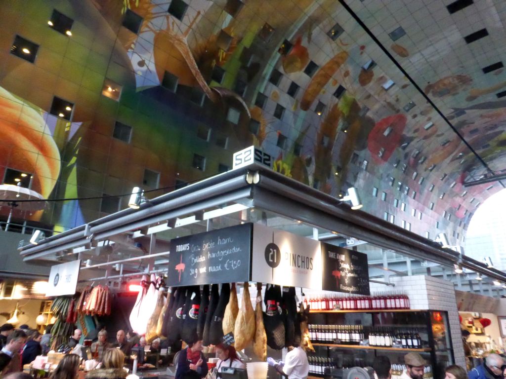Market stall with meat and wine in the Markthal building