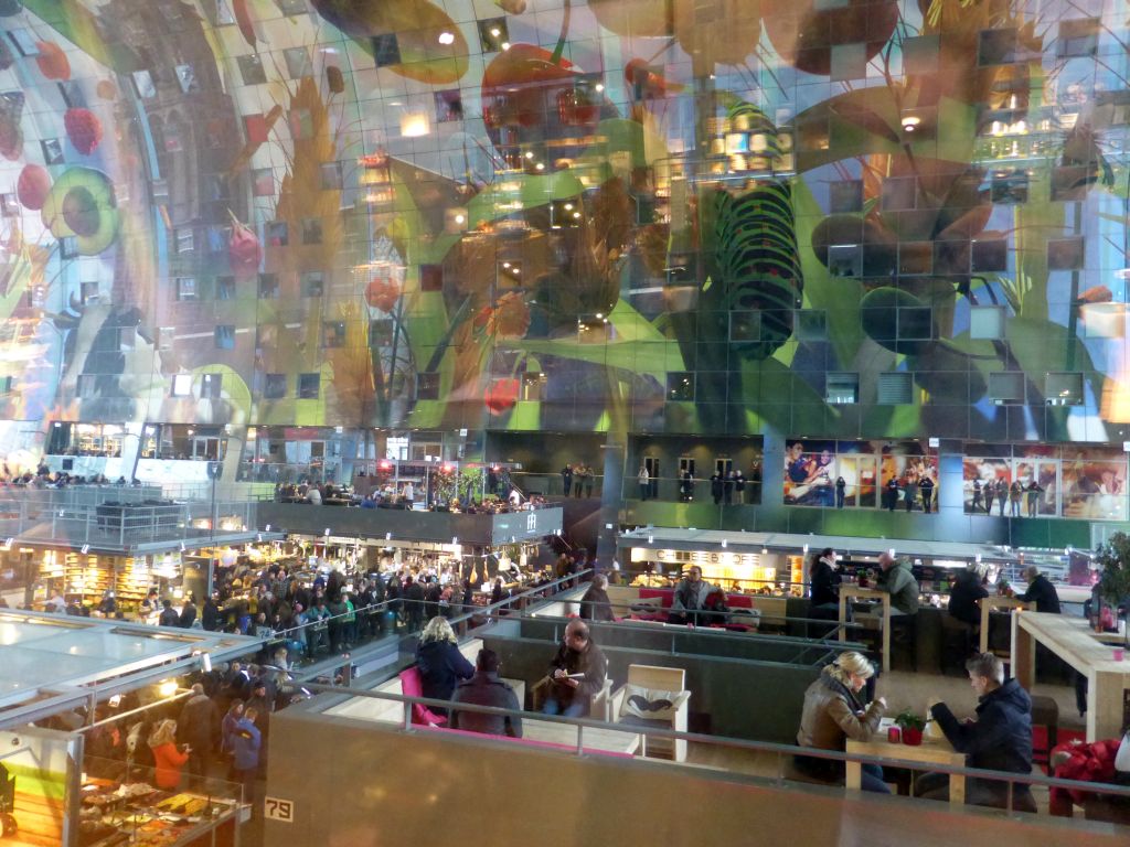 The Markthal building with its ceiling and market stalls, viewed from the first floor of the Wah Nam Hong supermarket