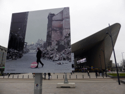 Old photo of the destruction of Rotterdam in World War II, in front of the Rotterdam Central Railway Station at the Weena street