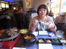 Miaomiao having dinner at the Kimchi Bar Korean Restaurant