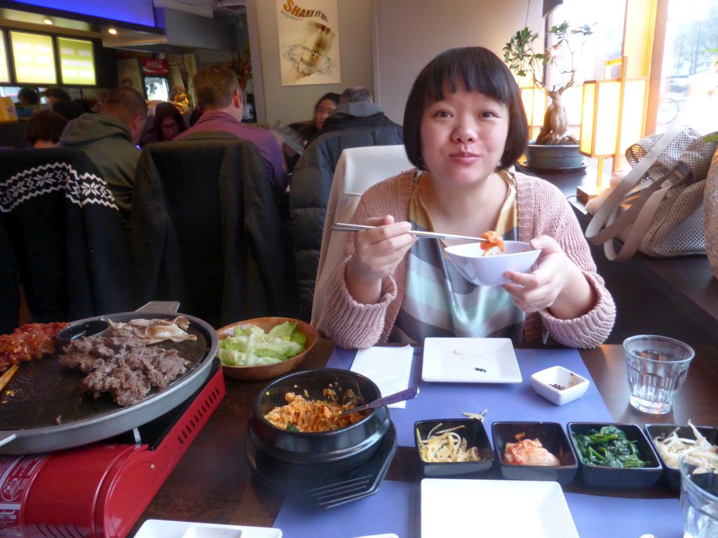 Miaomiao having dinner at the Kimchi Bar Korean Restaurant