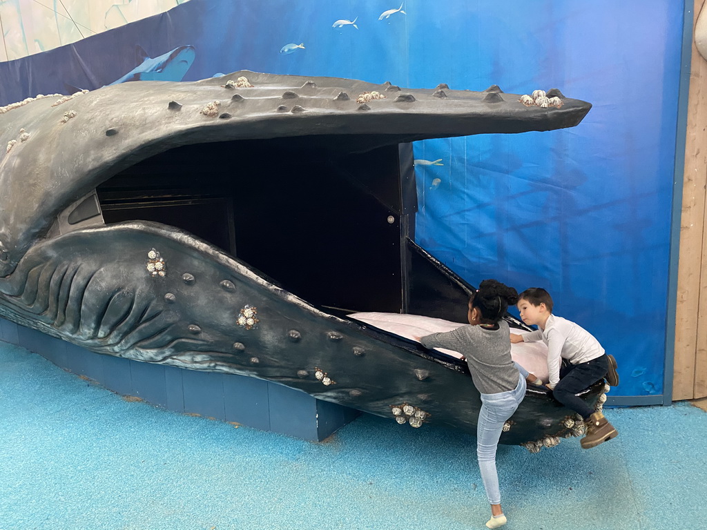 Max in a Whale statue at the Biotopia playground in the Rivièrahal building at the Africa area at the Diergaarde Blijdorp zoo