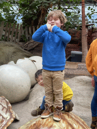 Max and his friend on top of a turtle shell at the Oceanium at the Diergaarde Blijdorp zoo