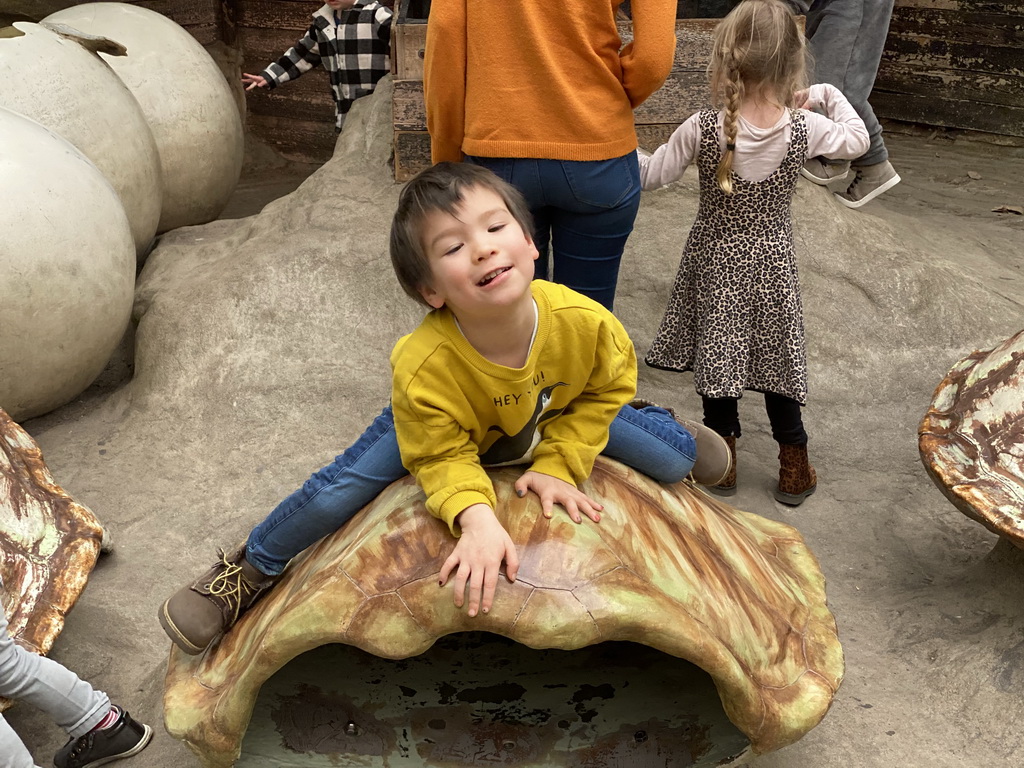 Max on top of a turtle shell at the Oceanium at the Diergaarde Blijdorp zoo