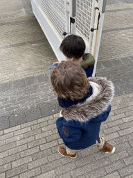 Max and his friend with their toys in front of the entrance to the Diergaarde Blijdorp zoo at the Blijdorplaan street