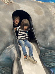 Max on the slide in a Whale statue at the Biotopia playground in the Rivièrahal building at the Africa area at the Diergaarde Blijdorp zoo