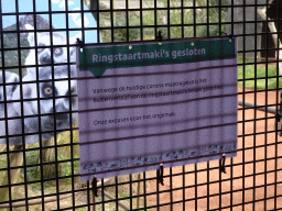 Sign about the closure of the Ring-tailed Lemur enclosure because of COVID-19 at the Oceanium at the Diergaarde Blijdorp zoo